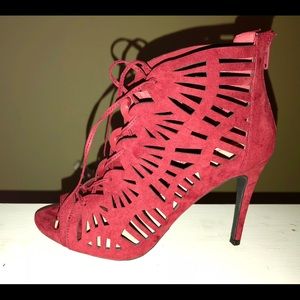 Maroon laced caged heels